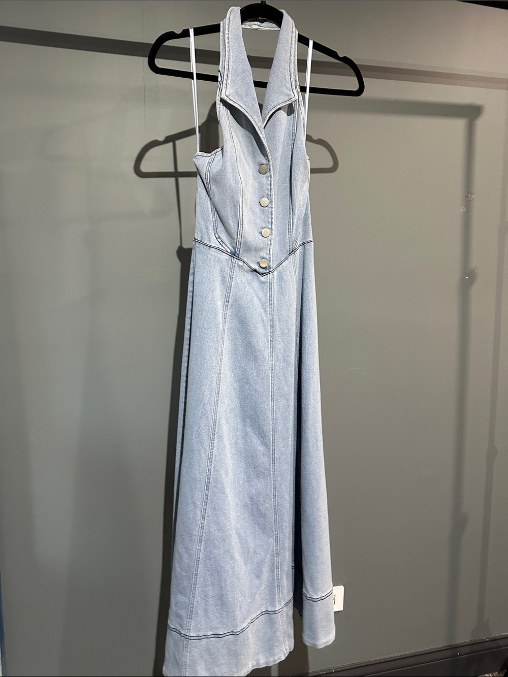 Light Blue Denim Button-Front Halter Maxi Dress